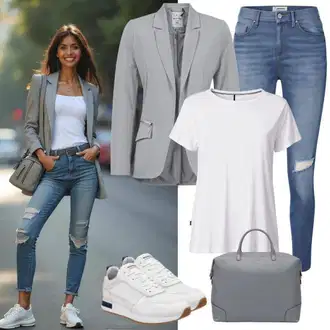 Outfit sa SvjetloPlava/Svjetlosiva/Siva/Plava Odijelo Boyfriend Sako/Dugi Sako armonika "Ljetni Izgled"