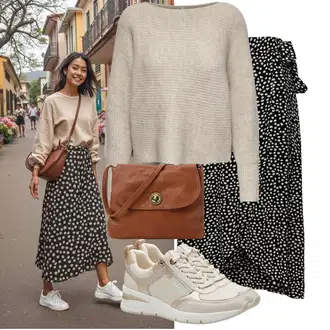 Outfit s Černá/Bílá/Hnědá Zavinovací Sukně/Sukně s potiskem/Vázací Sukně Pieces "Outfit na podzim"