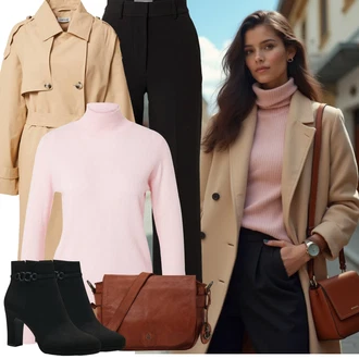 Outfit s Černá/Béžová Obleková Kalhoty/Business Kalhoty/Kalhoty s Vysokým Pasem/Kalhoty Bootcut/Kalhoty se Štěrbinou/Marlene Kalhoty/Široká Kalhoty Edited "Outfit na podzim"