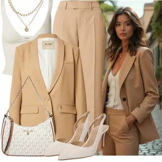 Outfit sa Krem/Bijela/Kaki/Ljubičasta/Bež Bustijer-top/Pleteni top/Muške cipele Edited "Trendovska jesenska odjeća"