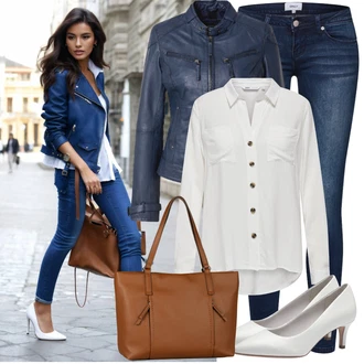 Outfit s Modrá/Tmavě Modrá Kožené Bund Bunda z Umělé Kůže/Kožené Bund/Motorkářské Bund/Motorkářská bunda/Kožená vintage bunda/Bunda s Bočním Zipem/Kožená Bomber Bund Maze "Cool podzimní outfit"