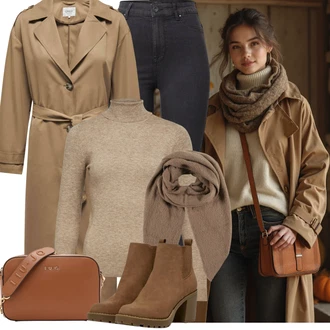 Outfit s Hnědá/Khaki/Béžová/Šedá Dlouhý kabát/Midi Kabát/Trenčkot/Trenčkot Only "Outfit na podzim"