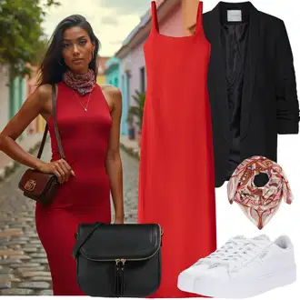 sviatočné Outfit sa Crvena/Tamnocrvena Pamučna haljina/Haljina Ravnog Kroja/Haljina na špagete/Maksi Haljina/Haljina Na Naramenici/Duga pletena haljina/Haljina s Prorezom/Haljina Bez Rukava/Duga Ljetna Haljina bershka "Cool jesenski outfit"Look: Elegantan, Sveučilišna, sviatočné, Ekstravagantno, Talijanski, Old Money, Španjolske, Preodjeven