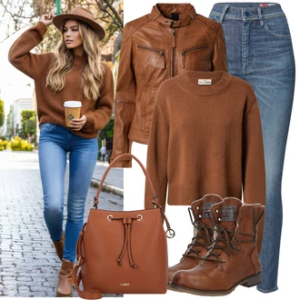Outfit s Oranžová/Hnědá Motorkářská bunda/Kožené Bund/Kožená Bomber Bund/Bunda z Umělé Kůže/Motorkářské Bund/Kožená vintage bunda Maze "Stylový Podzimní Outfit"