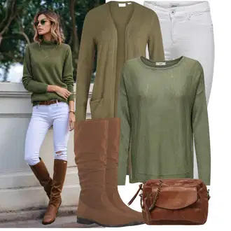 Zapínání na knoflíky Dlouhé Outfit s Tmavě zelená/Zelená Pletenina veľkej veľkosti/Šaty Móda Pro Plnoštíhlou/Tunika Vila "Vkusný podzimní outfit"
