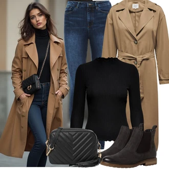 Outfit s Hnědá/Khaki/Béžová/Šedá Dlouhý kabát/Midi Kabát/Trenčkot/Trenčkot Only "Outfit na podzim"