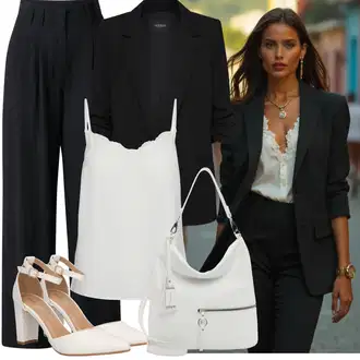 Outfit s Černá/Tmavě modrá/Modrá Mušelínové kalhoty/Plisovaná Kalhoty/Plisovaná kalhoty/Široká Kalhoty/Obleková Kalhoty/Kalhoty s Vysokým Pasem Leger by Lena Gercke "Trendový podzimní outfit"