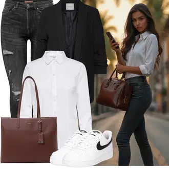 Kombinacije za ured sa Bijela/Crna/Plava Tenisica Skate cipela/Vintage Tenisica/Kožna Tenisica/Niska Tenisica Nike Sportswear "Cool jesenski outfit"