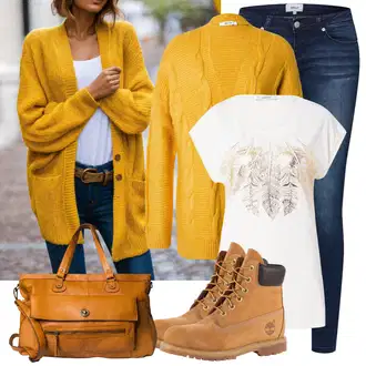 Outfit sa Žuta/Smeđa/Bež/Narandžasta Čizmica Vodootporne čizme/Klasična čizmica/Čizma na Vezanje Timberland "Jesenski outfiti"
