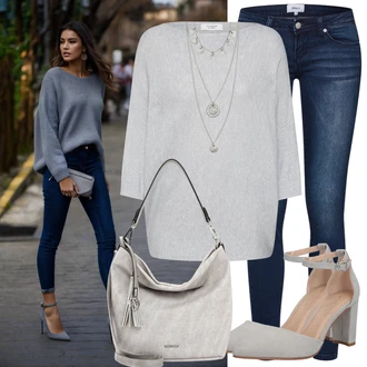 Outfit s Šedá/Stříbrný Jemný Řetízek/Collier/Statement náhrdelník/Bohatě zdobený náhrdelník Pilgrim "Vkusný podzimní outfit"