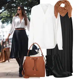 Výstřih na ramena Outfit s Bílá/Krémová Halenka Blůza s knoflíčkem/Halenka s Dlouhým Rukávem/Halenka se Stojatým Límcem/Slip-on Halenka/Oversize Halenka SELECTED FEMME "Cool podzimní outfit"