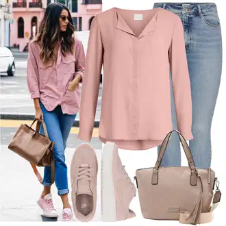so sponou Outfit s Růžová Blůza s knoflíčkem/Slip-on Halenka/Halenkový Top/Kožená bunda/Halenka se Stojatým Límcem/Halenkové Body/Hedvábná Halenka/Halenka s Dlouhým Rukávem/Tunikové Tričko/Jednobarevná Halenka/Dlouhá Halenka Vila "Praktický vzhled"