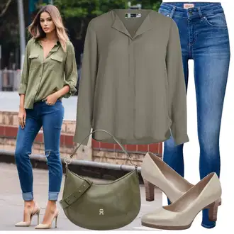 90-ich, Stil Outfit sa Siva/Tamnozelena/Kaki/Bež/Smeđa Bluza s Podignutim Ovratnikom/Bluza Dugih Rukava/Slip-on Bluza/Kožna jakna/Svilena bluza/Bluza s gumbom/Duga Bluza/Tunika Majica/Oversize Bluza Vila "Lagana odjeća"Look: klasický, Stil, Transparentan, Ured, Vatrogasici, Prekrasan, Ležerno, Retro