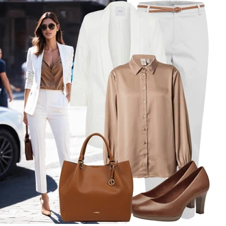 Saten Outfit sa Bež/Smeđa/Siva Bluza Veći Broj yas "Outfit za svaki dan"