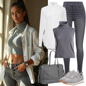 Dlouhé Zima Outfit s Šedá/Krémová Motorkářské Džíny/Kožené Boty/Push up Džín/Džíny s Dírou/High Waist Džínové Kalhoty/Capri Džíny/Kožená bunda/Džíny s Rozparkem Only "Neformální obchodní outfit"
