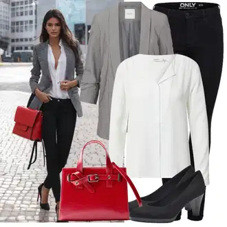 Stil, Western Outfit sa Siva/Krem/Bijela Bluza Dugih Rukava/Kožna jakna za muškarce/Poslovna Bluza/Slip-on Bluza/Bluza koja se ne pegla/Musseline Bluz/Bluza s Podignutim Ovratnikom B.young "Opušteni izgled"Look: Stil, Radna odjeća, Transparentan, Ured