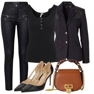 outfit mit Črna/Temno modra/Bela Hlača velika velikost/Kavbojke Freequent "Obleka za jesen"