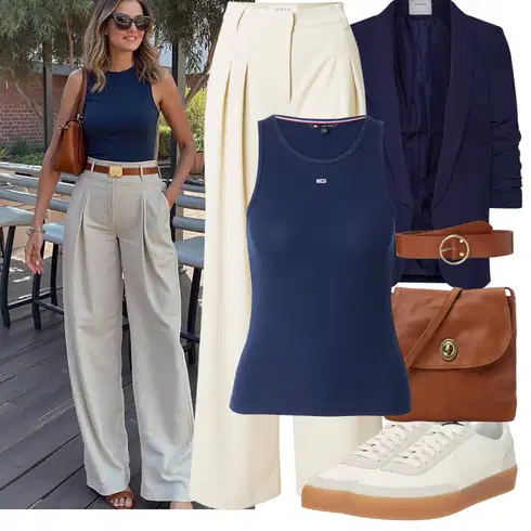 Kombinace Bílá/Khaki/Béžová Culotte Kalhoty/Marlene Kalhoty/Palazzo Kalhoty/Kalhoty se Štěrbinou/Plisovaná Kalhoty/Plisovaná kalhoty/Široká Kalhoty/Kalhoty s nášivkou uprostřed/Kalhoty s Vysokým Pasem about you x iconic by tatiana kucharova