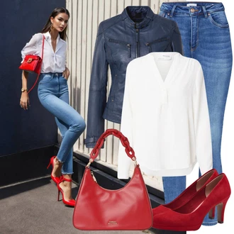 Výstřih na ramena Outfit s Bílá/Krémová Halenka Blůza s knoflíčkem/Halenka s Dlouhým Rukávem/Halenka se Stojatým Límcem/Slip-on Halenka/Oversize Halenka SELECTED FEMME "Nápadný look na podzim"