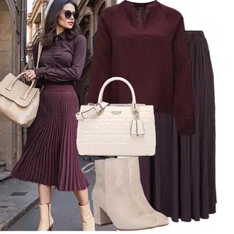 Outfit s Fialová/Růžová Midi Sukně/Dlouhá Sukně/Sukně do Délky Lýtka/Vintage sukně maxi/Mačkaná Sukně/Sukně Pro Matriku/Plisovaná sukně/Maxi sukně/Křesťanská Sukně Samsøe Samsøe "Cool podzimní outfit"