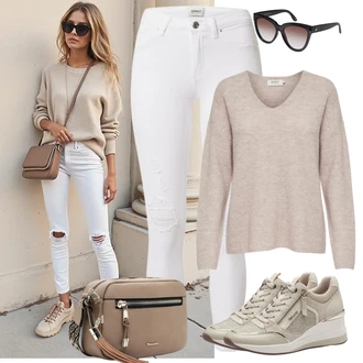 Elegantní Outfit s Béžová/Khaki/Hnědá Teniska Kožené Tenisky/Teniska na klínovém podpatku/Nízká Teniska/Tenisky s Bočním Zipem Tamaris "Outfit v podzimních barvách"Look: Elegantní, S Metall, Moderní, Sportovní