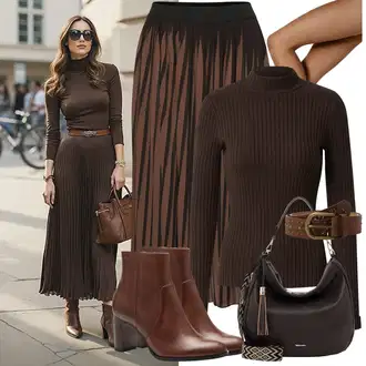 Outfit s Tmavě hnědá/Khaki/Hnědá/Šedá Sukně do Délky Lýtka/Křesťanská Sukně/Italská Sukně/Dlouhá Sukně/Maxi sukně/Midi Sukně/Moderní Sukně/Plisovaná sukně/Sukně Pro Matriku/Vintage sukně maxi Culture "Outfit v podzimních barvách"