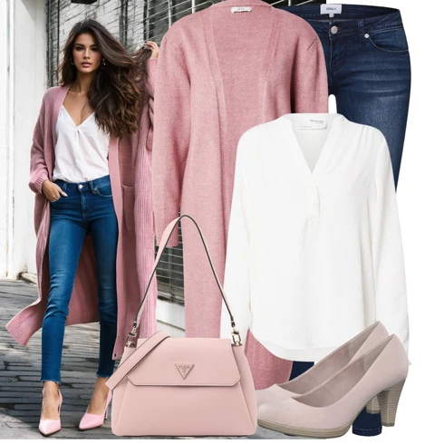 Kombinace Bílá/Krémová Blůza s knoflíčkem/Halenka se Stojatým Límcem/Halenka s Dlouhým Rukávem/Oversize Halenka/Slip-on Halenka Selected kombinovat s Růžová/Fialová Pletený Oděv Kašmírový kardigán/Zimní svetr/Župan/Kardigán se stojatým límečkem/Dlouhé Kardigany/Kardigán s kulatým výstřihem JdY