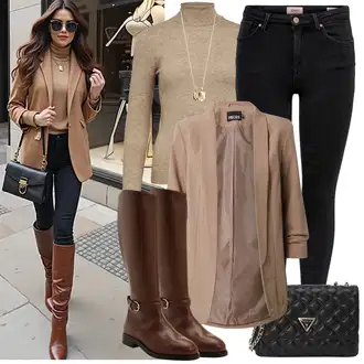Cowgirl Outfit sa Tamnosmeđa/Smeđa/Bež Čizmica Čizma za Jahanje "Odjeća u jesenskim bojama"Look: Chic, cool, Cowgirl, Elegantan, Prekrasan, Old Money, Western