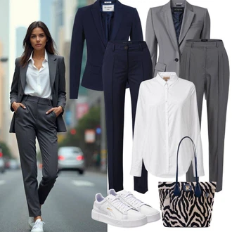 Nadrozměrné Outfit s Hnědá/Tmavě šedá/Fialová/Černá Boucle Blazer/Dámský Potištěný Sako/Boyfriend Sako/Kožená Pánská Bund/Pletený Sako/Kožená bunda le temps des cerises "Outfit pro podzim"Look: Rad, Chytrý příležitostný, 70tá léta, 20 léta, Elegantní, S průsvitem, Šik, Bezešvé, Safari, Lak, Nadrozměrné, Business, Klasické