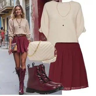 Párty Outfit s Tmavě červená/Fialová/Růžová/Vínová Sukně Áčkového Střihu/70tá Léta MiniSukně/80tého Léta Sukně/90tá Léta Sukně/Rozhalená Sukně/Sukně z umělé kůže/Kožená MiniSukně/Kožená Sukně/Krátká Sukně/Moderní Sukně/Krátká plisovaná Sukně/Unisex Sukně/Zimní Sukně About You "Perfekt na podzim"Look: Bar, Den na pláži, Koncert, Škola, Matriční úřad, Párty