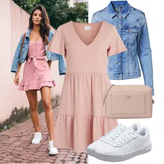Outfit s Růžová Ležérní Šaty/Šaty S Kosticí/Tričkové šaty/Šaty Fit & Flare/Žerzejové Šaty/Letní Šaty/Volánové šaty/Šaty Niki/Bavlněné Šaty/Šaty s Kapsou/Elegantní Šaty Vila "Každodenní vzhled"
