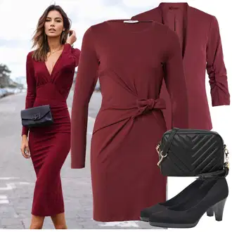 Výstřih na ramena Outfit s Červená/Růžová/Tmavě červená/Vínová Žerzejové Šaty/Šaty S Rolákem/Šaty s dlouhým rukávem/Svetrové Šaty/Zavinovací Šaty/Zimní Pletené Šaty/Zimní šaty s dlouhým rukávem/Šaty na Podzim About You "Lehký outfit"