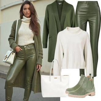 Outfit s Tmavě zelená/Khaki Kalhoty z Umělé Kůže/Kožená Kalhoty/Košile Capri/Kožený legíny Oakwood "Podzimní Vzhled"