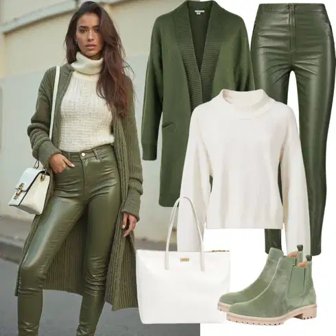 Kombinace Kůže Tmavě zelená/Khaki Kožený legíny/Košile Capri/Kalhoty z Umělé Kůže/Kožená Kalhoty Oakwood