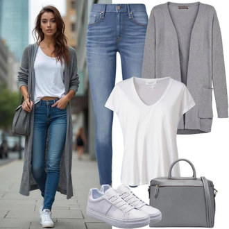 Outfit s Šedá/Světle šedá Kardigan Kardigán s kulatým výstřihem/Vlněný kardigán/Kardigán se stojatým límečkem/Kašmírový kardigán/Krátký svetr Samsøe Samsøe "Podzimní Vzhled"