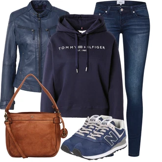 Outfit s Modrá/Tmavě Modrá Kožené Bund Bunda z Umělé Kůže/Kožené Bund/Motorkářské Bund/Motorkářská bunda/Kožená vintage bunda/Bunda s Bočním Zipem/Kožená Bomber Bund Maze "Módní vzhled na podzim"
