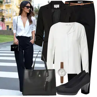 Stil, Western Outfit sa Siva/Krem/Bijela Bluza Dugih Rukava/Kožna jakna za muškarce/Poslovna Bluza/Slip-on Bluza/Bluza koja se ne pegla/Musseline Bluz/Bluza s Podignutim Ovratnikom B.young "Opušteni izgled"Look: Stil, Radna odjeća, Transparentan, Ured