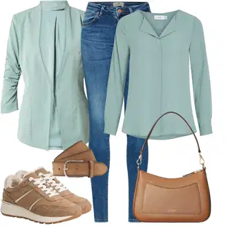 so sponou Outfit s Zelená/Tyrkysový/Světle modrá Halenka s Dlouhým Rukávem/Kožená bunda/Businessová Halenka/Hedvábná Halenka/Slip-on Halenka/Blůza s knoflíčkem/Jednobarevná Halenka/Halenka se Stojatým Límcem/Halenka S 3/4 Rukávem/Halenka Slim Fit Vila "Vkusný podzimní outfit"