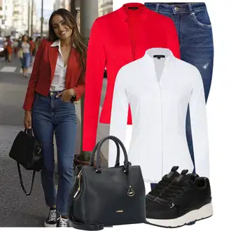 Dlouhé Outfit s Červená/Tmavě červená Teplákový blejzr/Elegantní Sako/Krátké Sako/Bavlněný Sako/Kožená Pánská Bund/Kožená bunda/Pletený Sako/Kožená bunda pro muže/Blejzrové Bund More & More "Cool podzimní outfit"