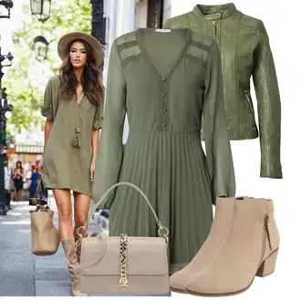 Outfit s Tmavě zelená/Zelená Šaty s dlouhým rukávem/Retro Šaty/Halenkové Šaty/Vintage šaty/Zimní šaty s dlouhým rukávem/Francouzské šaty/Pletené Šaty/Šaty na Podzim/Plisované Šaty About You "Vkusný podzimní outfit"