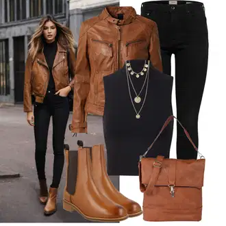 Outfit sa Narandžasta/Tamnocrvena/Crvena/Smeđa Kožna Jakna/Push-up Traperice/High Waist Traperice/Muška Kožna Jakna/Traperica Niskog Struka/Traperica Niskog Struka/Traperice Slim Kroja/Kožne Cipele/Trenerke Traperice/Bikerske Traperice Only "Jesenski outfiti"
