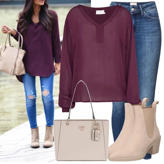 Léto Outfit s Růžová/Fialová/Tmavě červená Jednobarevná Halenka/Halenkový Top/Slip-on Halenka/Průhledná blůza/Kožená bunda/Oversize Halenka/Crash blůza/Neobvyklá Halenka/Halenka s Dlouhým Rukávem/Hedvábná Halenka Kaffe "Vkusný podzimní outfit"