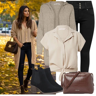 Outfit s Béžová/Khaki/Hnědá Halenka s Mašlí/Zavazovací Halenka/Halenka s Krátkým Rukávem Only "Cool podzimní outfit"