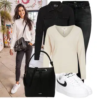 Outfit s Černá/Béžová/Bílá Páska s Kapsou/Pouzdro/Collier/Sportovní doplněk/Sluneční Brýle L.CREDI "Cool podzimní outfit"