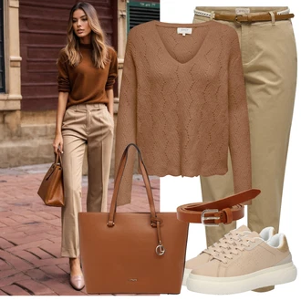 Outfit s Hnědá/Béžová Basic Svetr/Svetr Carmen/Kašmírový Svetr/Pletený Svetr/Mohair Pullover/Svetr Niki/Jednoduchý Svetr/Svetr s Třásněmi/Svetr s V-výstřihem/Vlněný Svetr Only "Nápadný look na podzim"
