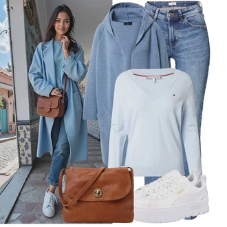 Outfit s Šedá/Modrá/Světle modrá Kardigan Zimní svetr/Župan/Dlouhé Kardigany/Svetr s podšívkou/Vlněný kardigán/Svetr kroj/Kašmírový kardigán Zwillingsherz "Cool podzimní outfit"