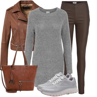 Outfit s Hnědá/Oranžová/Tmavě hnědá Kožené Bund Bunda z Umělé Kůže/Kožená vintage bunda/Motorkářská bunda/Motorkářské Bund Oakwood "Vkusný podzimní outfit"