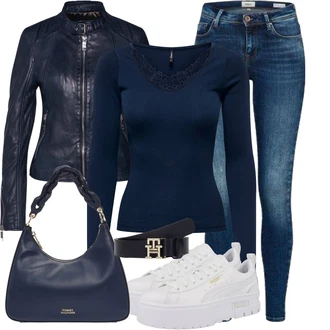 Outfit s Modrá/Tmavě Modrá Bunda s Bočním Zipem/Kožené Bund/Bunda z Umělé Kůže/Kožená vintage bunda/Motorkářské Bund Maze "Vkusný podzimní outfit"