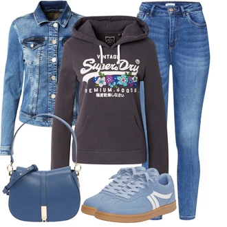 Cool Outfit s Modrá/Světle modrá Džínové Bund/Krátké Džínové Bundičky Gang "Módní vzhled na podzim"Look: 90tá léta, Cool, Kovbojka, Mom, Krásný, Univerzitní, Western