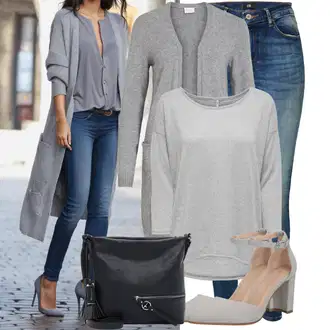 Zapínání na knoflíky Dlouhé Outfit s Šedá/Tmavě šedá/Světle šedá Pletenina veľkej veľkosti/Šaty Móda Pro Plnoštíhlou/Kabát/Tunika Vila "Lehký outfit"